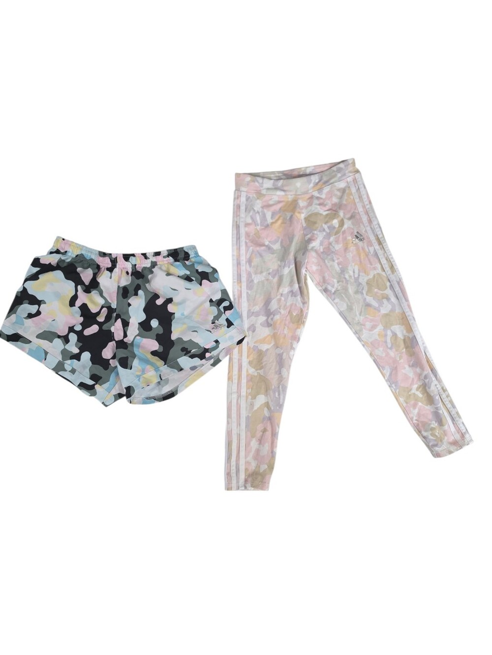 Adidas Girl Two-Piece Pastel Camo Shorts & Legging Pink, Blue, Yellow NWOT Sz L